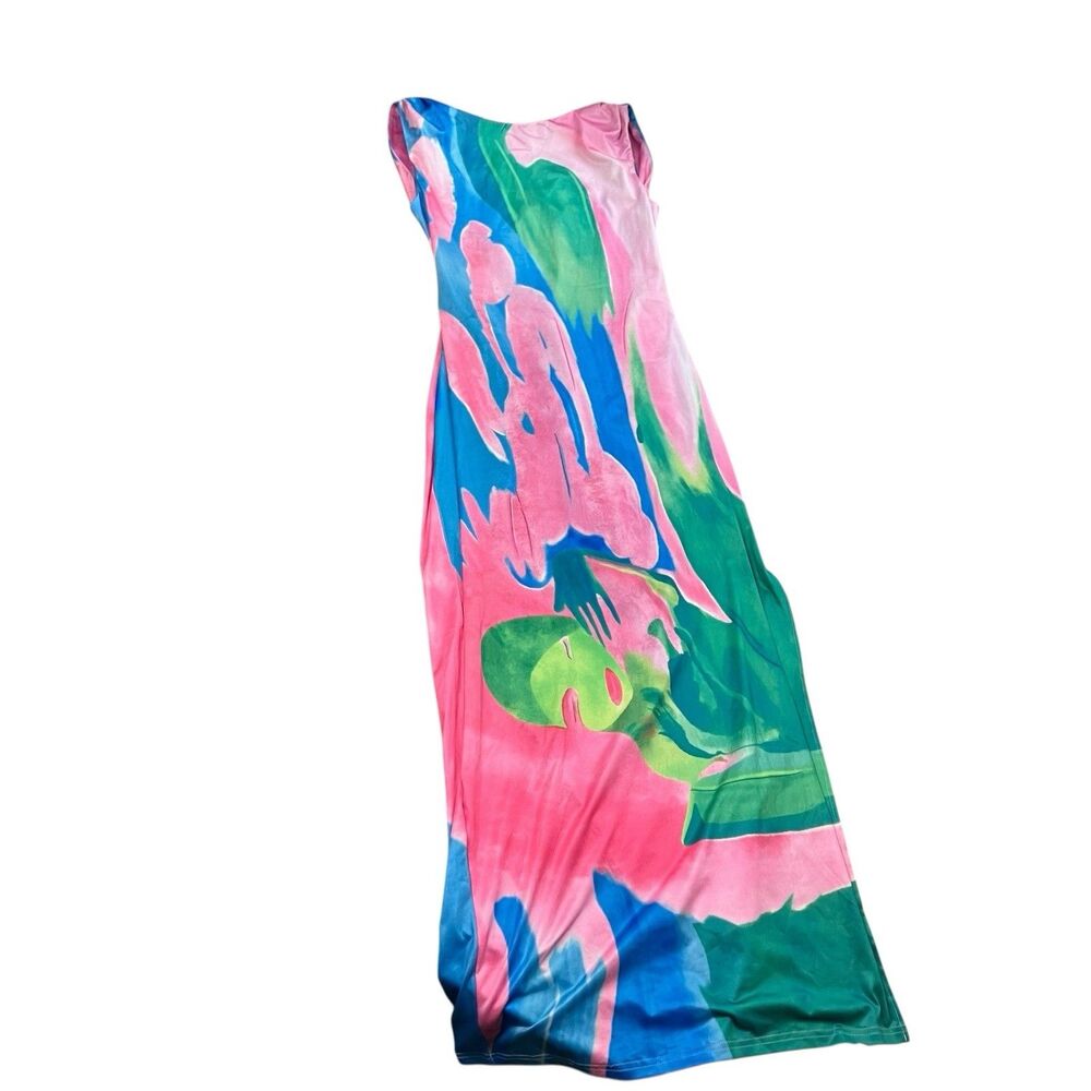 Commense Abstract Dress Womens XL Pink Blue Maxi Resort‎ Strappy Open Back